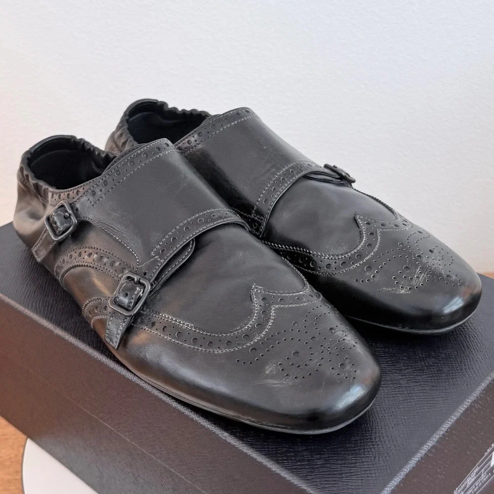 Prada 2EG469 Mens Leather Double Monk Strap Wingtip Shoes Grey Black UK 9